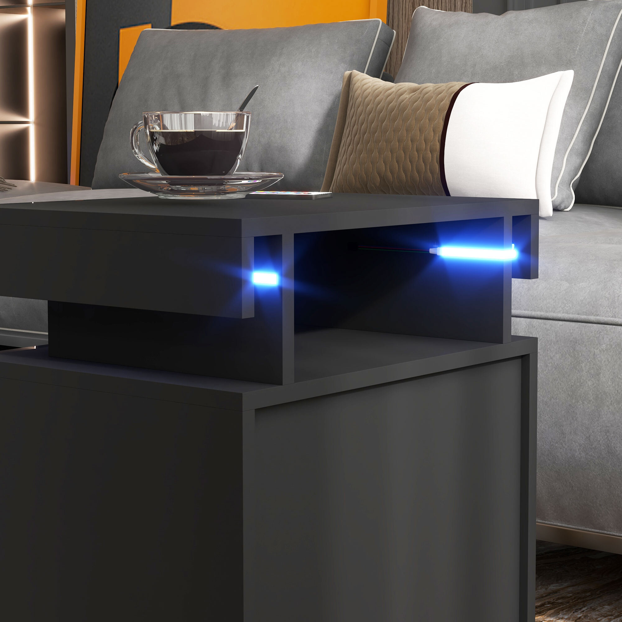 Chevet table de nuit design LED réglable 2 tiroirs façade laquée télécommande noir