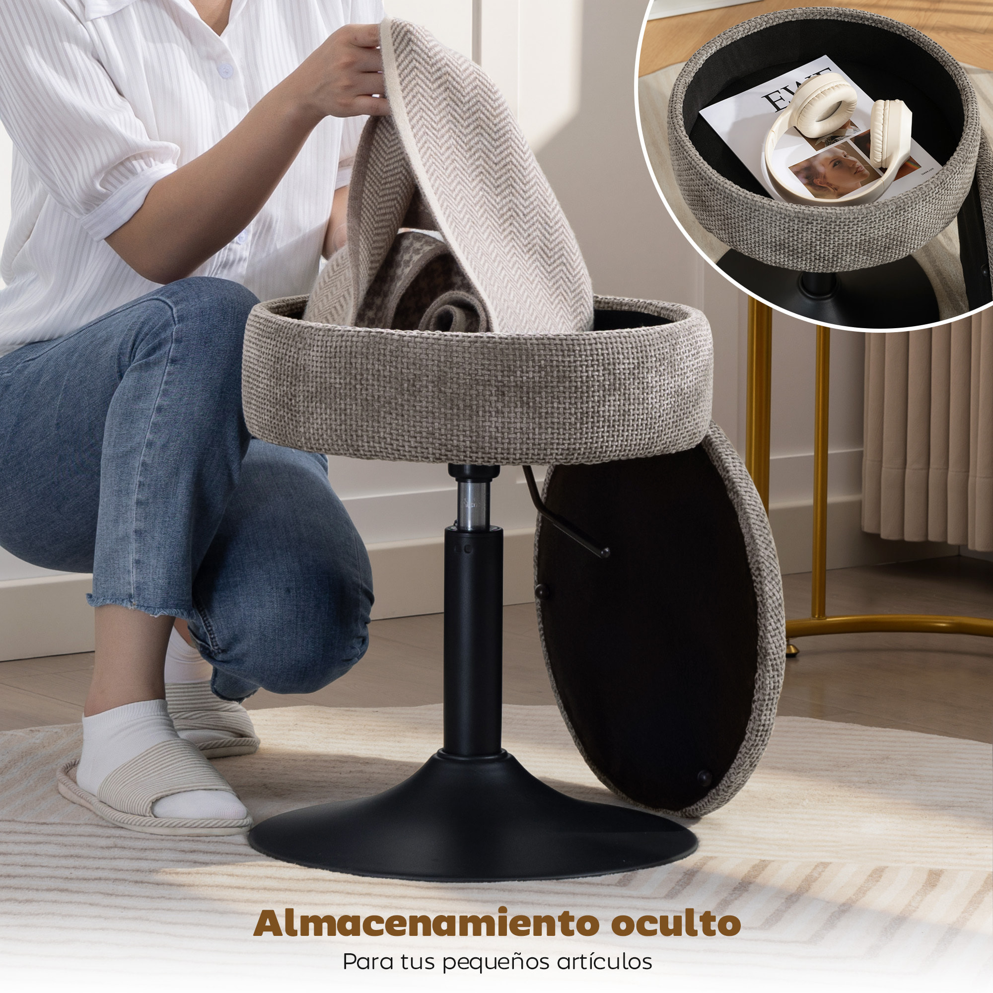 Taburete de Bar con Almacenaje, Altura Ajustable, Taburete de Cocina Redondo, Giratorio, Tapizado en Chenilla, Base de Acero, Diseño Botones, Acolchado, para Salón, Comedor, Oficina, Gris