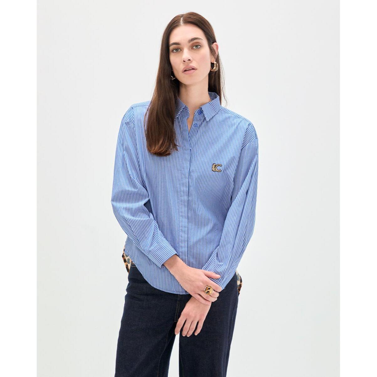 Camicia in popeline con righe stampate animalier