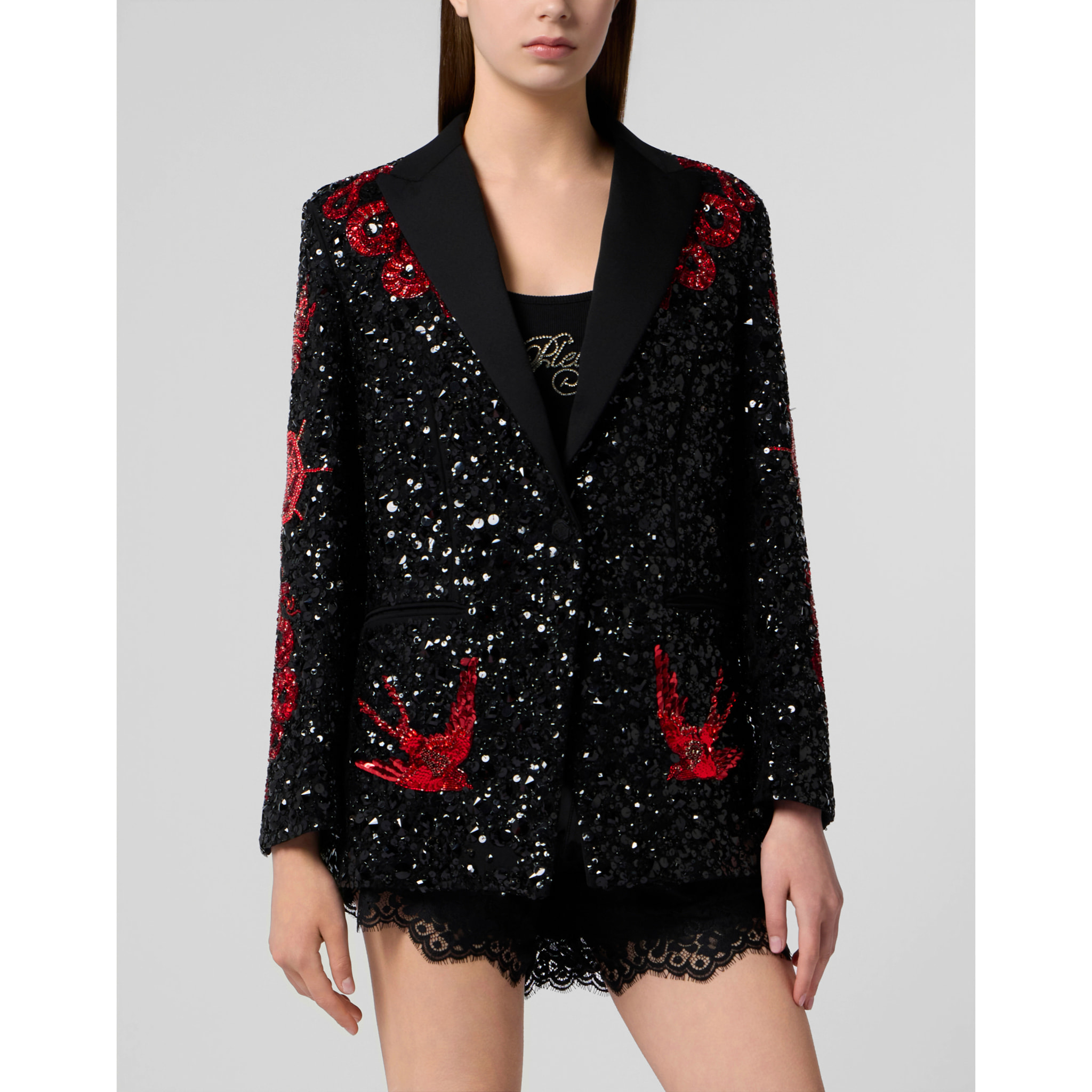 PHILIPP PLEIN Boyfriend's Fit Blazer Butterfly Tattoo Paillettes