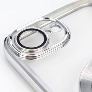 Custodia trasparente con fotocamera coperta, bordi argentati, antiurto e anti-impronte. Magsafe per iPhone 16e.