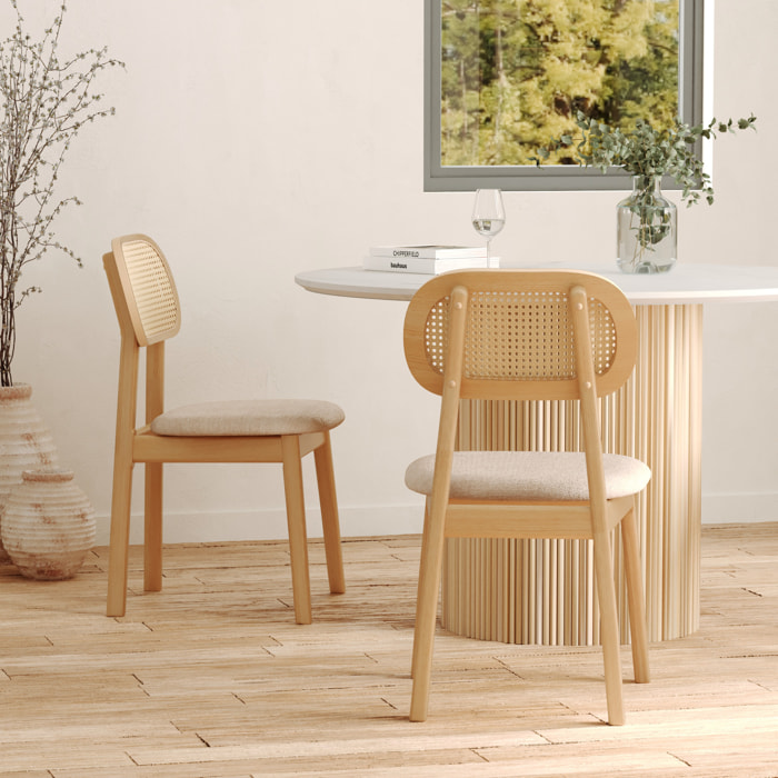 Lot de 2 chaises en bois clair, tissu beige et rotin synthétique - Maria