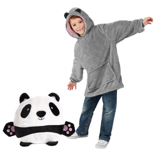 Peluche convertible en sudadera de felpa extrasuave, 60x47cm. Bolsillo frontal tipo canguro. Diseño Oso Panda