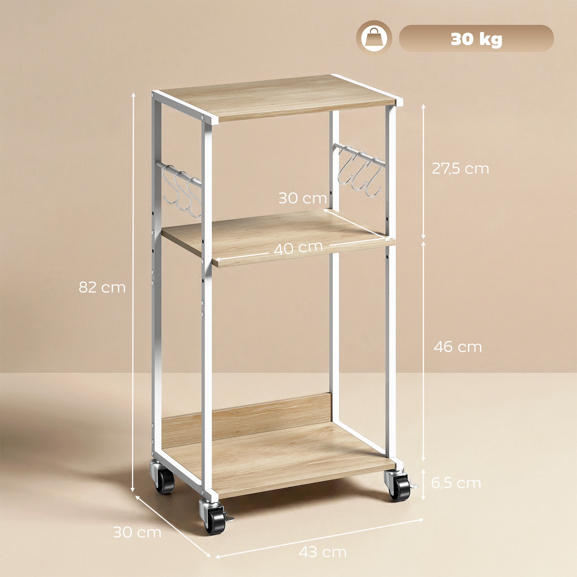 Soporte para Impresora de 3 Niveles con Ruedas, Mueble para Impresora con Ganchos y Marco Metálico, Estantería Multiusos para Oficina, Casa, Escuela, Madera Natural