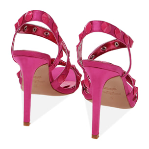 Sandalias de raso fucsia con gemas, tacón de 10,5 cm