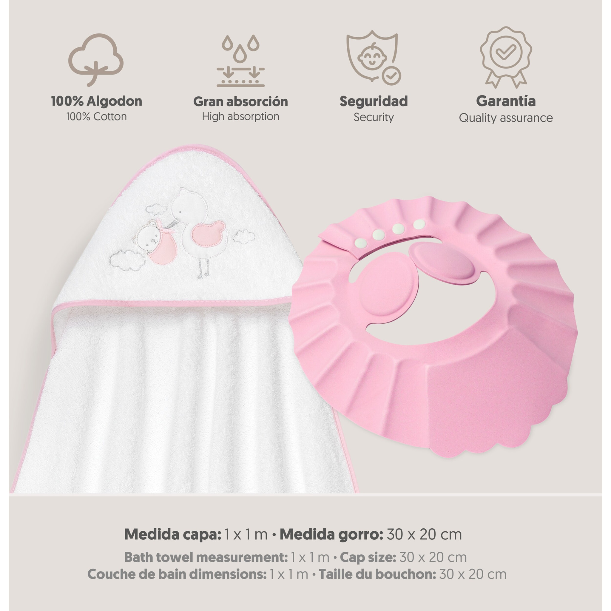 Capa Baño 1X1 Mod Cigueña Oso+Gorro Bco/Rosa