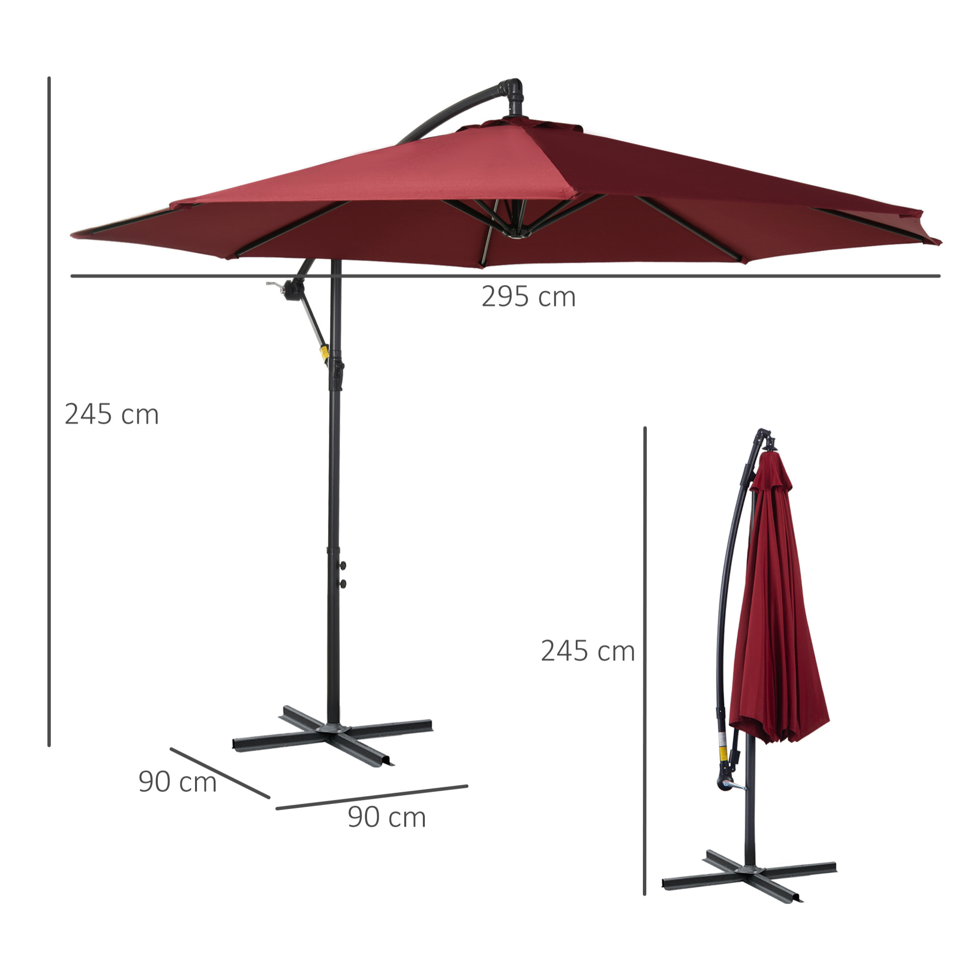 Parasol déporté octogonal inclinable manivelle pied acier Ø 3 x 2,5H m bordeaux