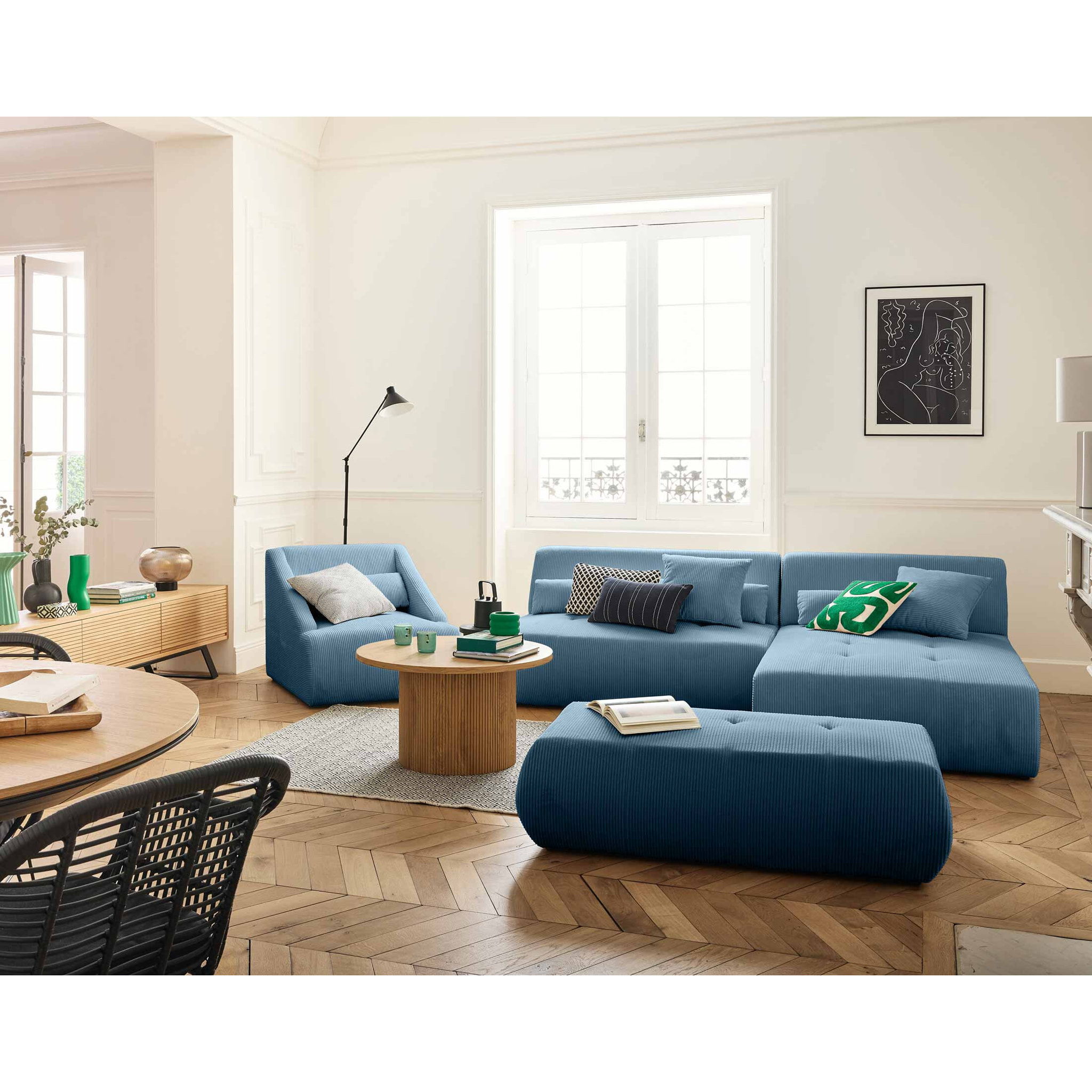 Onyx - canapé modulable d'angle réversible 4 places - en velours côtelé - Bleu