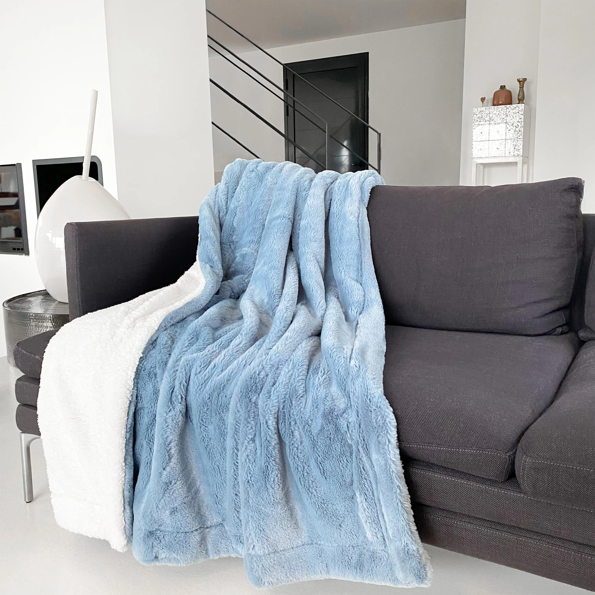 Plaid imitation "Lapin" - Cocoon Bleu Gris - 130x170cm - 610g/m²