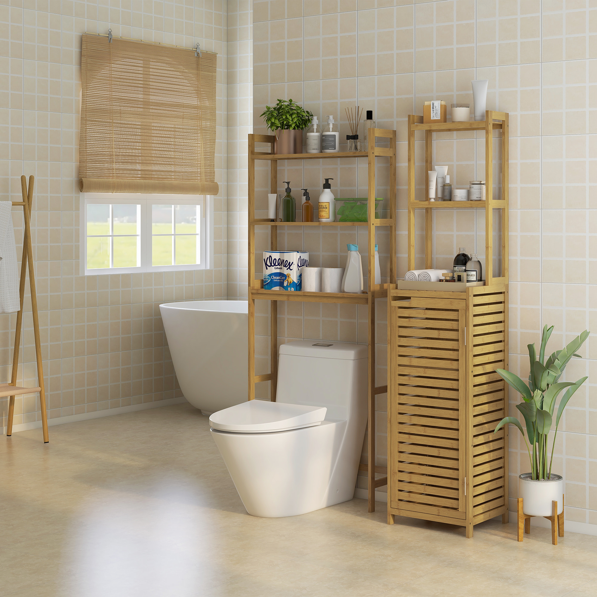 Meuble colonne salle de bain style naturel porte niche 4 étagères bambou