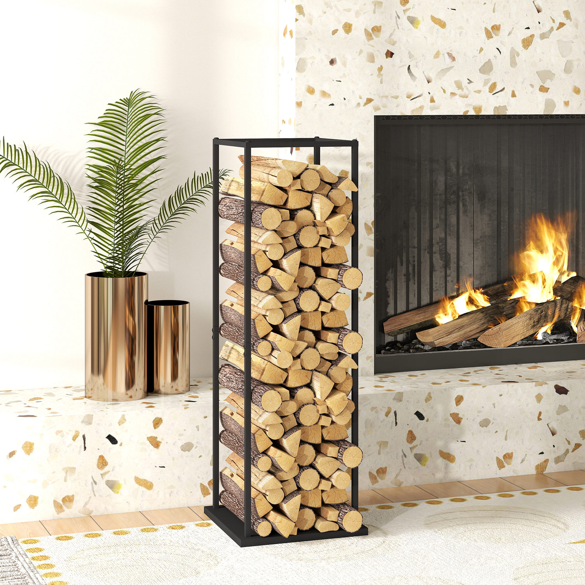 Estante de Leña Metálico, Soporte para Leña de Chimenea, Leñero Exterior con Base Elevada, para Interior y Exterior, Carga 100 kg, 33x33x110 cm, Negro