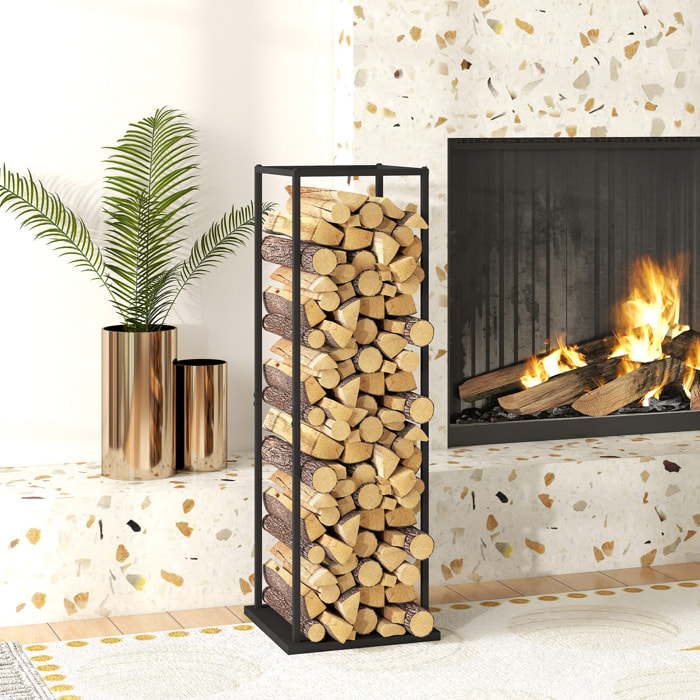 Estante de Leña Metálico, Soporte para Leña de Chimenea, Leñero Exterior con Base Elevada, para Interior y Exterior, Carga 100 kg, 33x33x110 cm, Negro