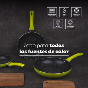 Set 3pc sarten (20+24+28cm) aluminio prensado verde con set 3pc utensilios de cocina nylon