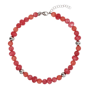 Collana Girocollo con Sfere Argentate e Rondelle in Quarzo Rosso Sfaccettato in Argento 925 placcato Rodio