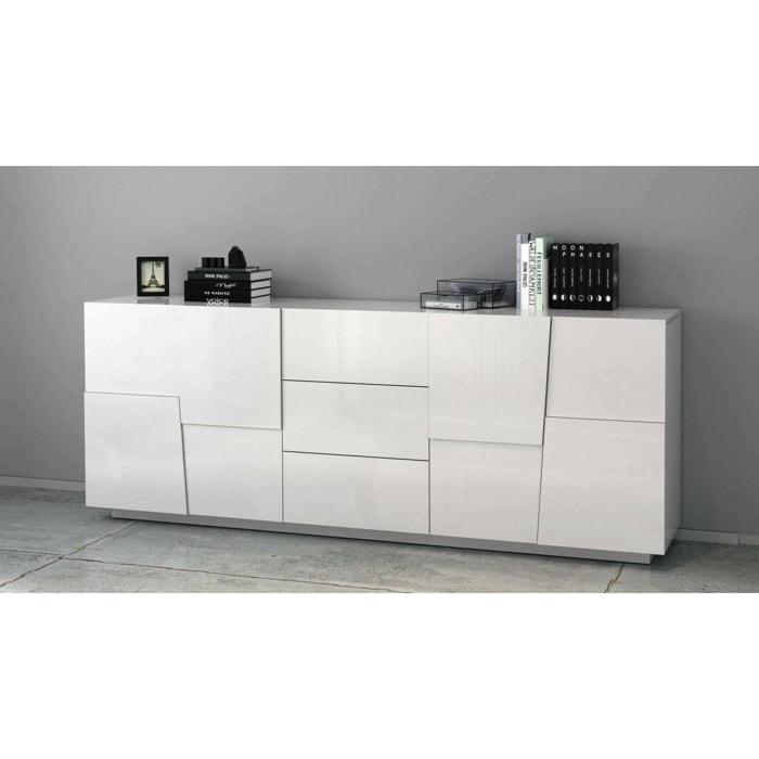 Credenza Astel, Buffet da soggiorno, Madia da salotto con 4 ante e 3 cassetti, 220x44h86 cm, Bianco lucido