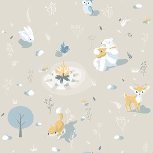 Papier peint enfant animaux forêt fond beige