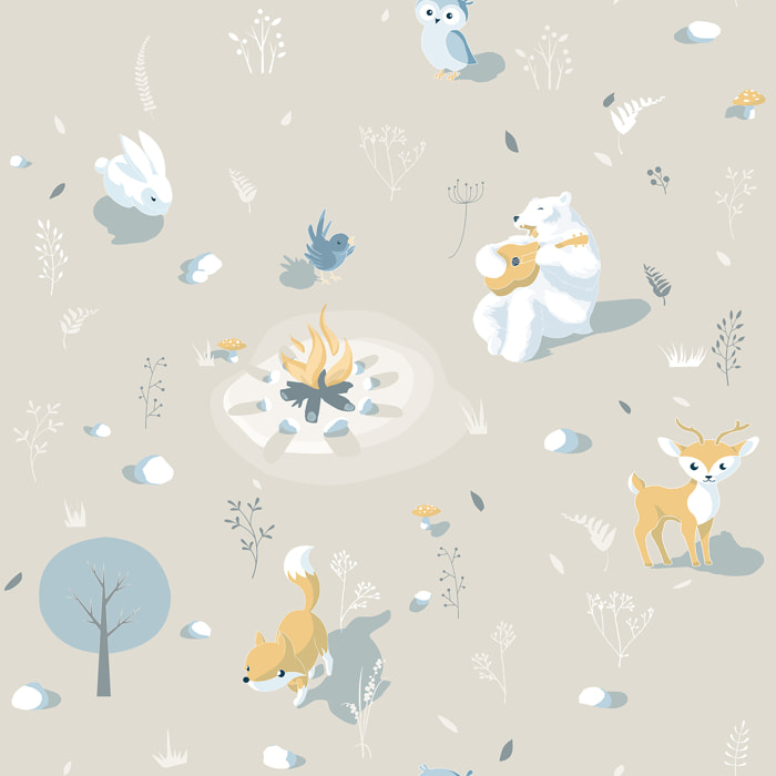 Papier peint enfant animaux forêt fond beige
