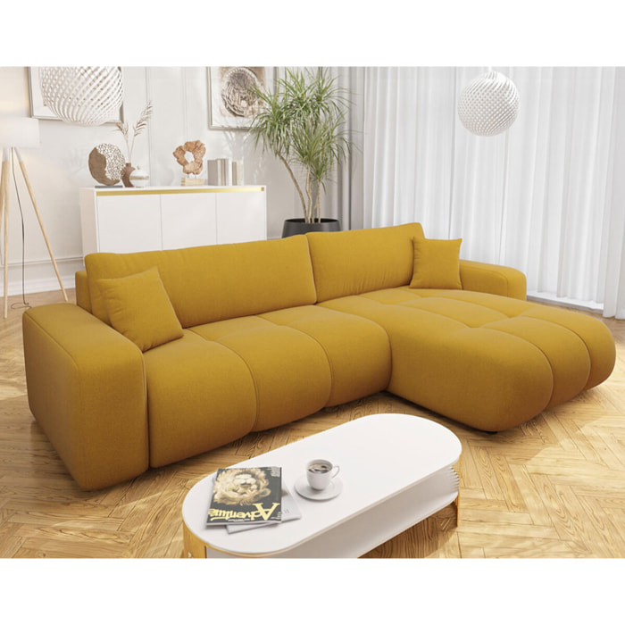 Nicole - Canapé d'angle réversible 5 places convertible avec coffre en tissu - Jaune