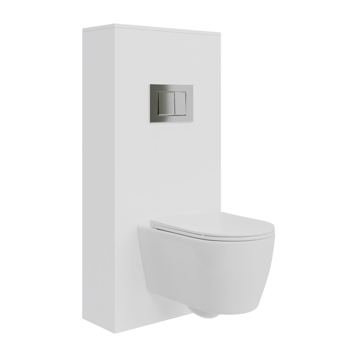 Pack Wc Suspendu + Châssis + Boîtier de Support Blanc | Toilette Blanc Brillant | Bouton Chrome | Réservoir Encastré | Couvercle Amorti | Alday