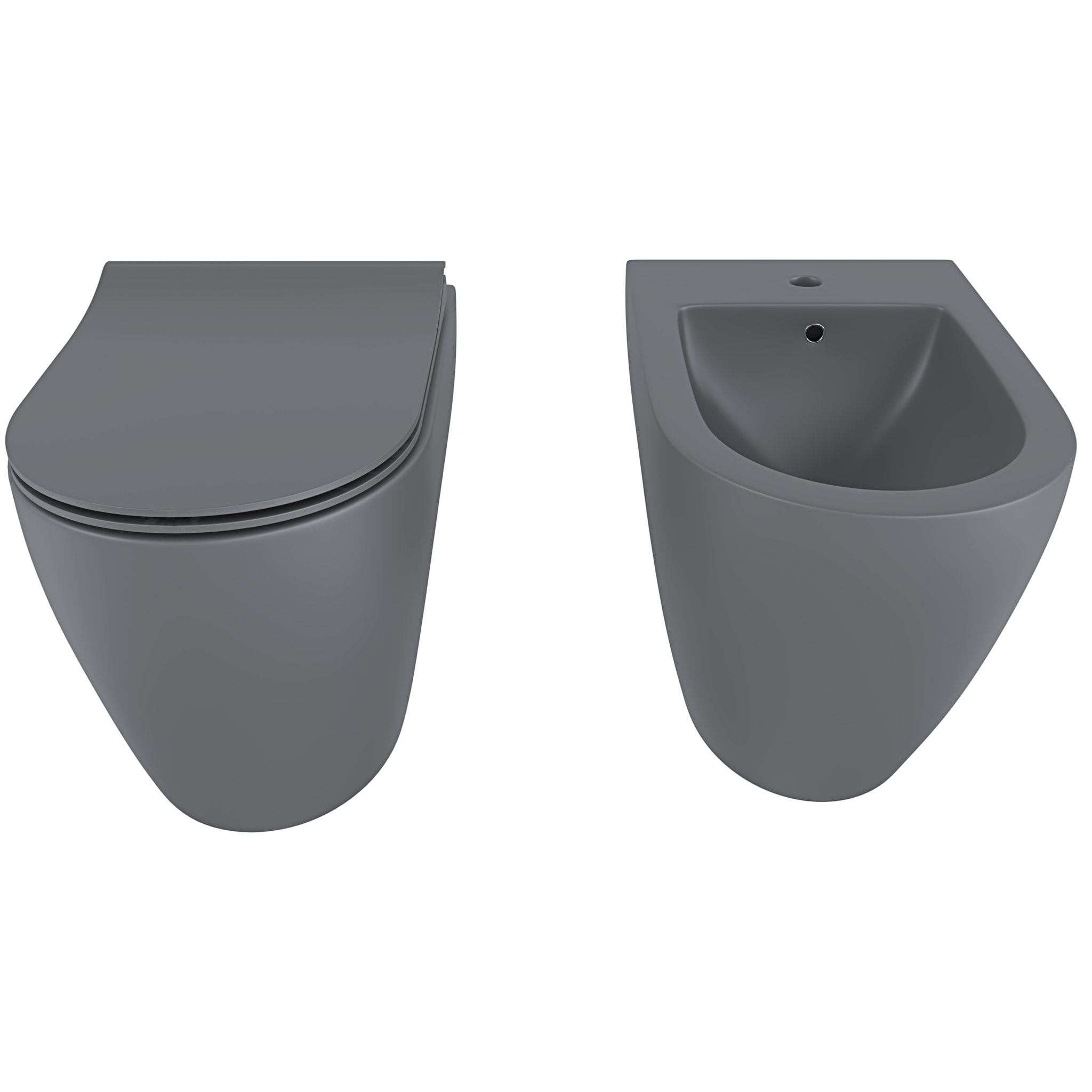 Coppia Sanitari Filomuro Filo Muro Filo Parete Vaso WC E Bidet Design Moderno In Ceramica Con Copriwater Chiusura Soft Close Rallentata Grigio Opaco