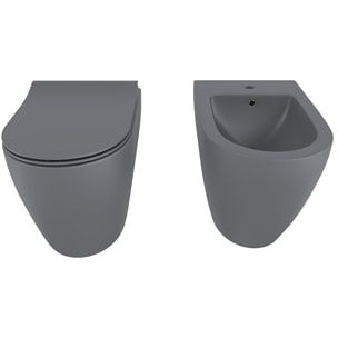 Coppia Sanitari Filomuro Filo Muro Filo Parete Vaso WC E Bidet Design Moderno In Ceramica Con Copriwater Chiusura Soft Close Rallentata Grigio Opaco