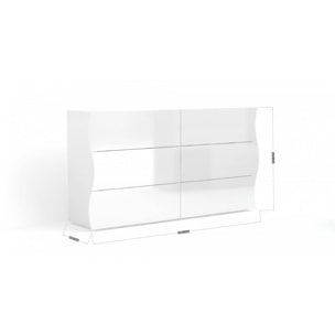 Comò ondulato, Made in Italy, Mobiletto per Soggiorno e Camera, Credenza 6 cassetti, colore Bianco lucido, cm 155x40h82