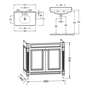 Pack meuble vasque 3 trous Cléo 1889 bleu velours + miroir + mélangeur poignés or