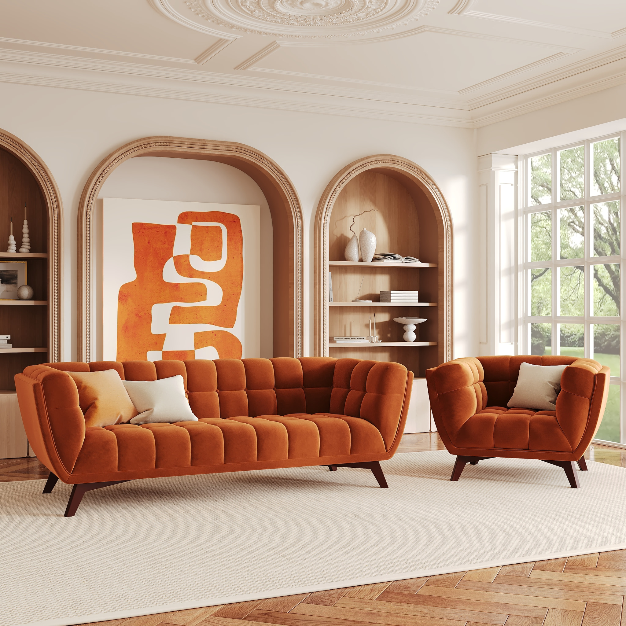 Ensemble canapé et fauteuil en velours orange 4 places - Mona