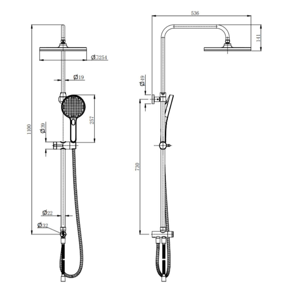 Set de douche, douchette 3 jets, barre avec curseur, tête de douche XXL 254 mm intégrée, Chrome SATPIPET