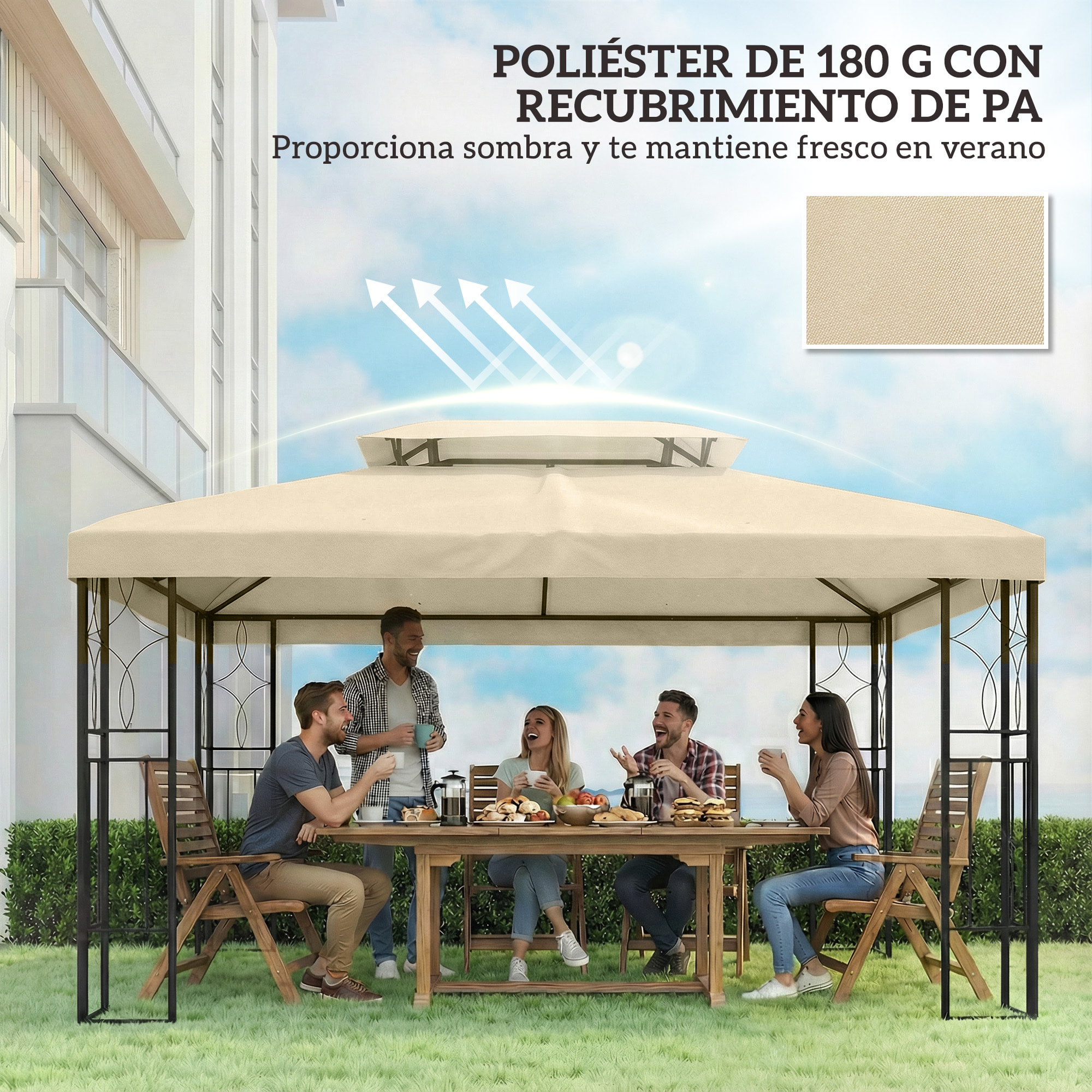 Techo de Repuesto para Cenador, 4x3 m, Cubierta de Repuesto con Techo Doble, 10 Orificios de Drenaje y Protección UV, SOLO Toldo de Recambio para Pabellón Gazebo, Blanco Crema