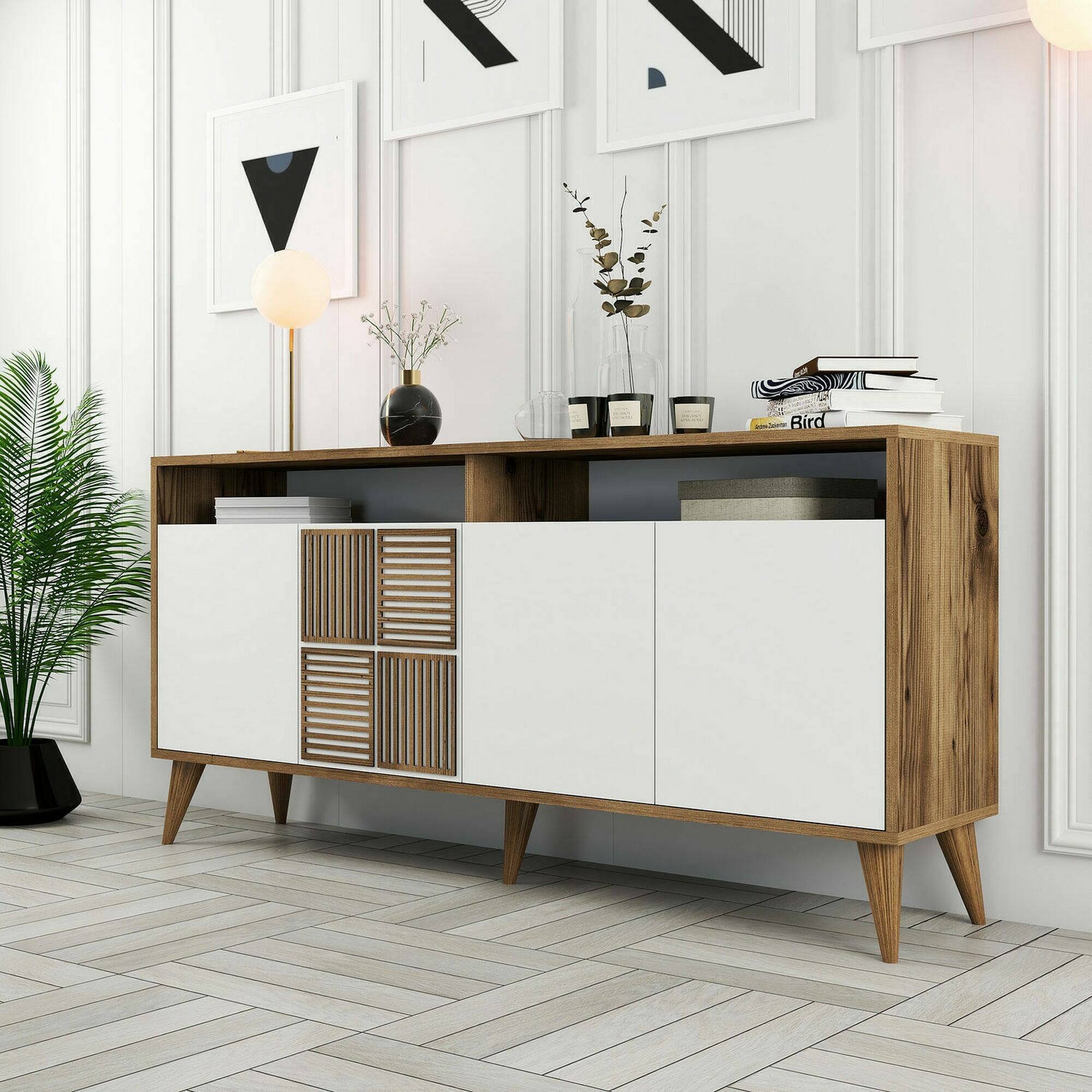 Consolle Garigliano, Credenza da soggiorno, Armadio basso per TV, Base parete attrezzata, 160x35 h79 cm, Noce e Bianco