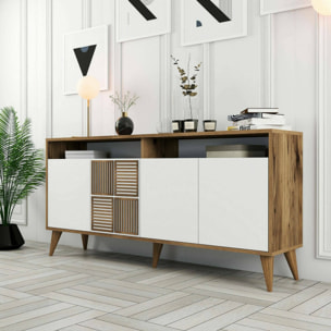 Consolle Garigliano, Credenza da soggiorno, Armadio basso per TV, Base parete attrezzata, 160x35 h79 cm, Noce e Bianco