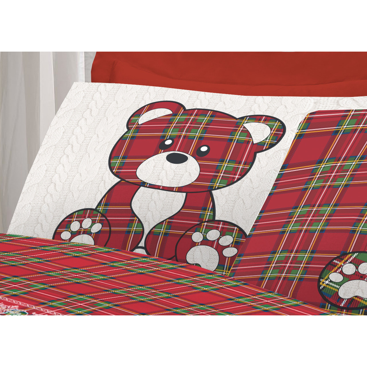 Completo Lenzuola in 100% Cotone Orsetto Tartan Rosso