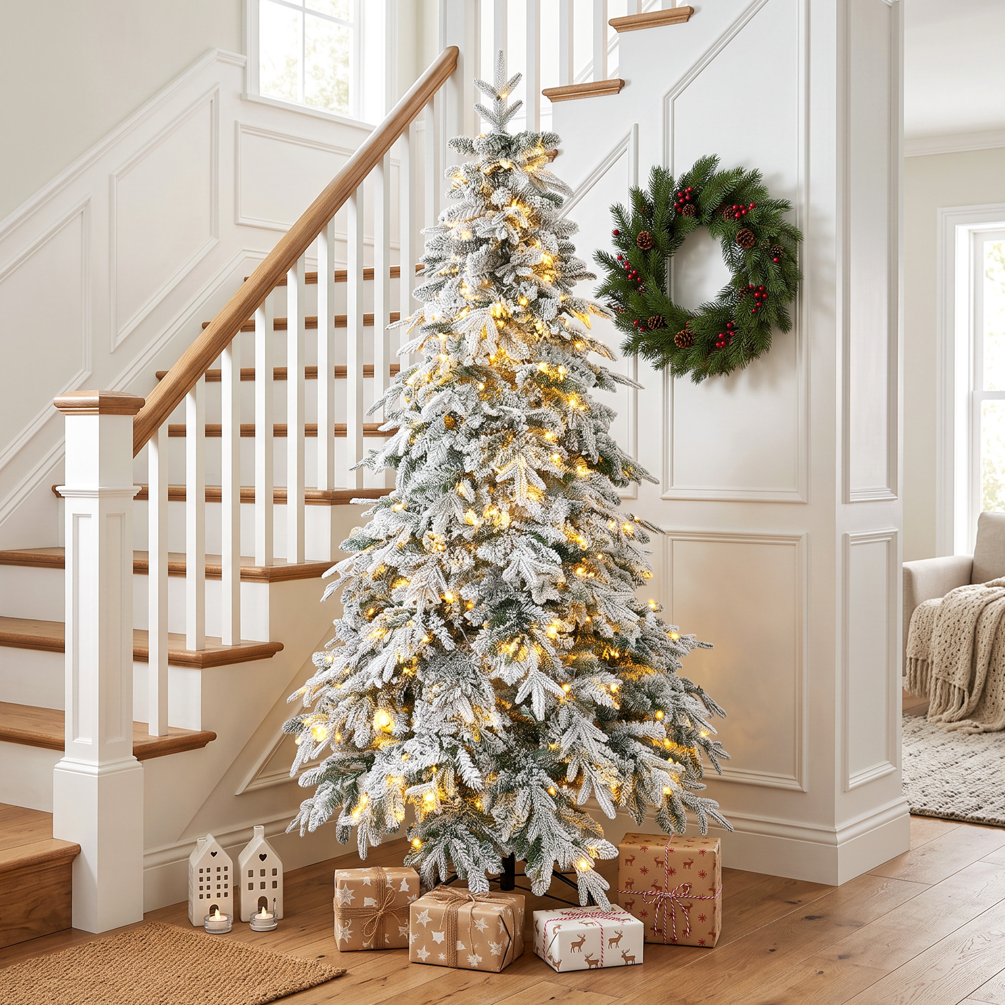 Sapin de Noël artificiel enneigé LED H.180 cm 350 LEDs blanc chaud télécommande 8 modes