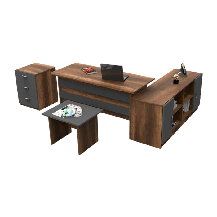 Set da ufficio Abutilon, Composizione da studio, Kit ufficio, Set scrivania e cassettiera, Noce e Antracite