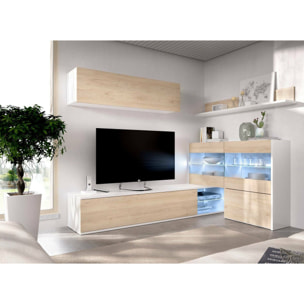 Parete attrezzata Agio, Set da soggiorno modulare ad angolo, Mobile salotto multiposizione con luce LED, 260x41h180 cm, Rovere e Bianco lucido