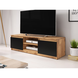 Robin - meuble TV - 2 portes et 2 niches - 120 cm - Noir / Bois et Bois