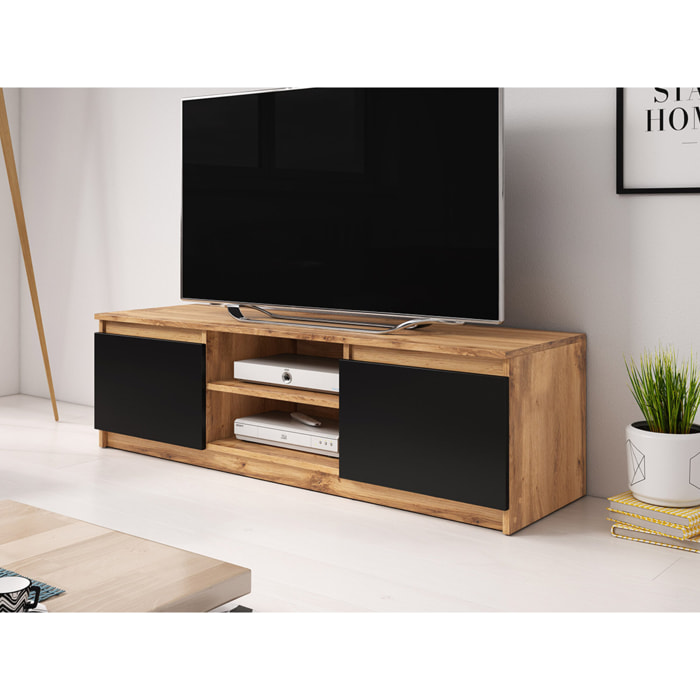 Robin - meuble TV - 2 portes et 2 niches - 120 cm - Noir / Bois et Bois