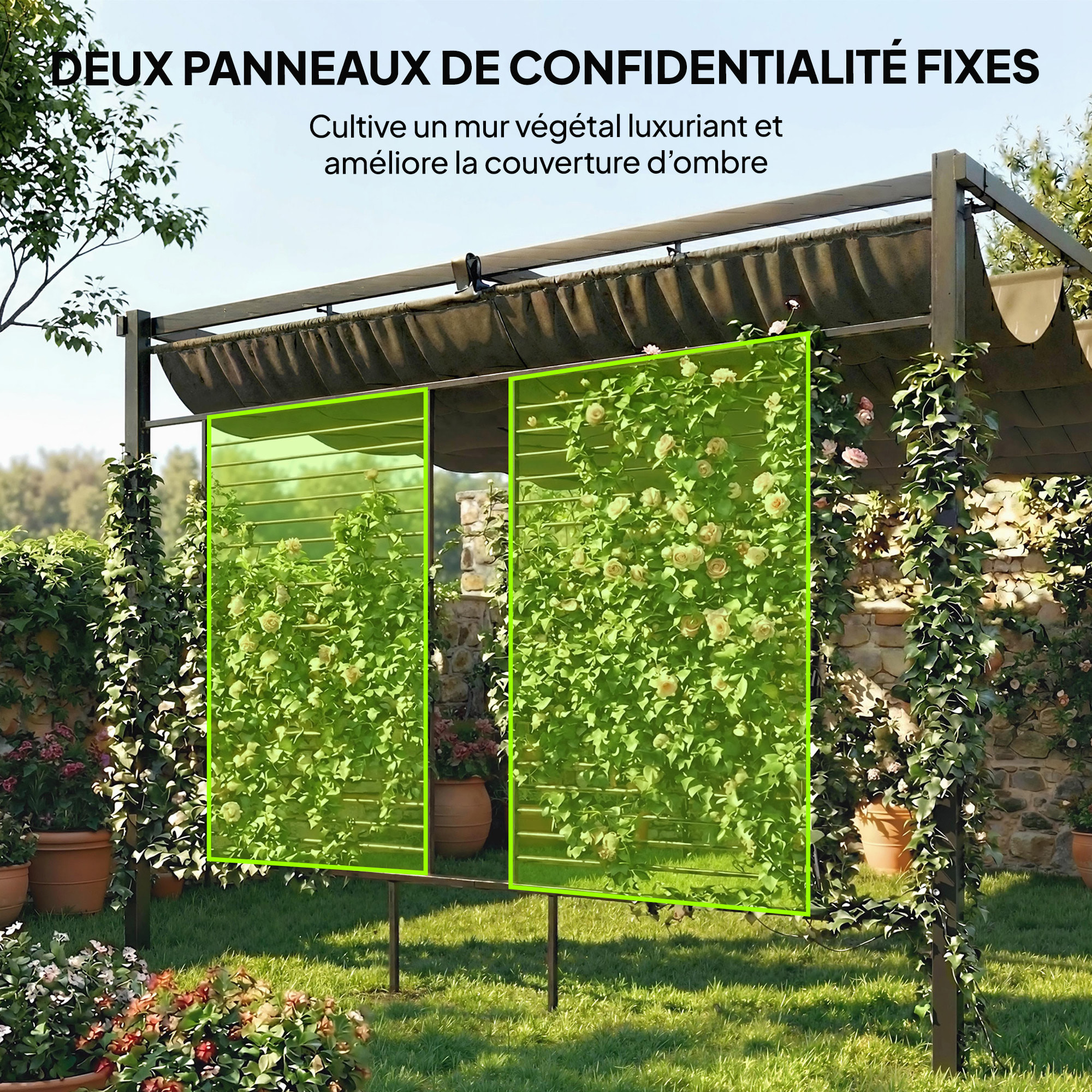 Pergola design 3x4m 2 toiles ajustables UV50+ treillis latéral acier anthracite