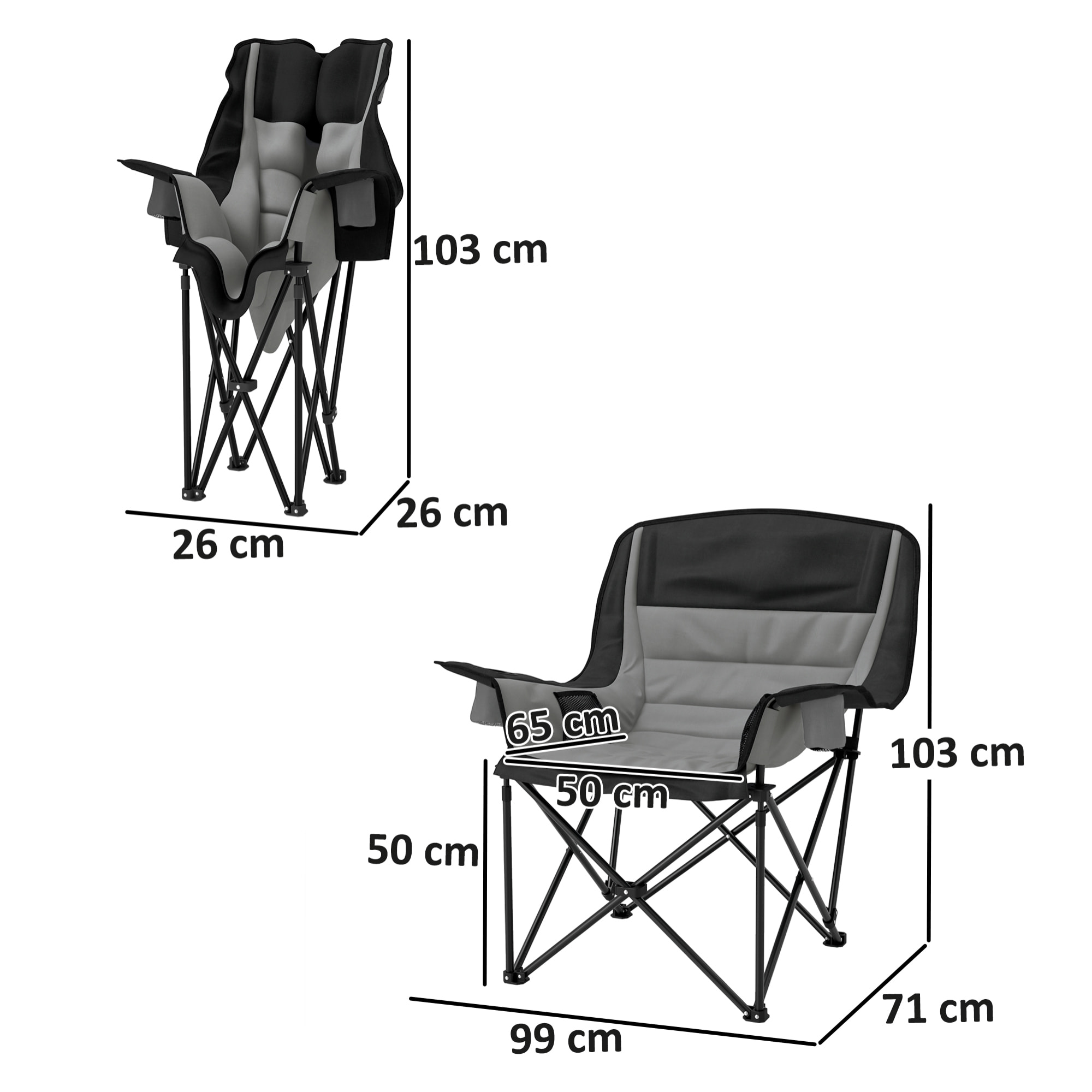 Chaise de camping pliante rembourrée - porte-gobelets, poches latérales rangement - sac transport inclus - gris noir
