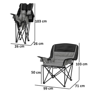 Chaise de camping pliante rembourrée - porte-gobelets, poches latérales rangement - sac transport inclus - gris noir