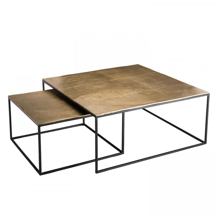 JONAS - Set de 2 tables gigognes carrées aluminium doré - pieds métal noir