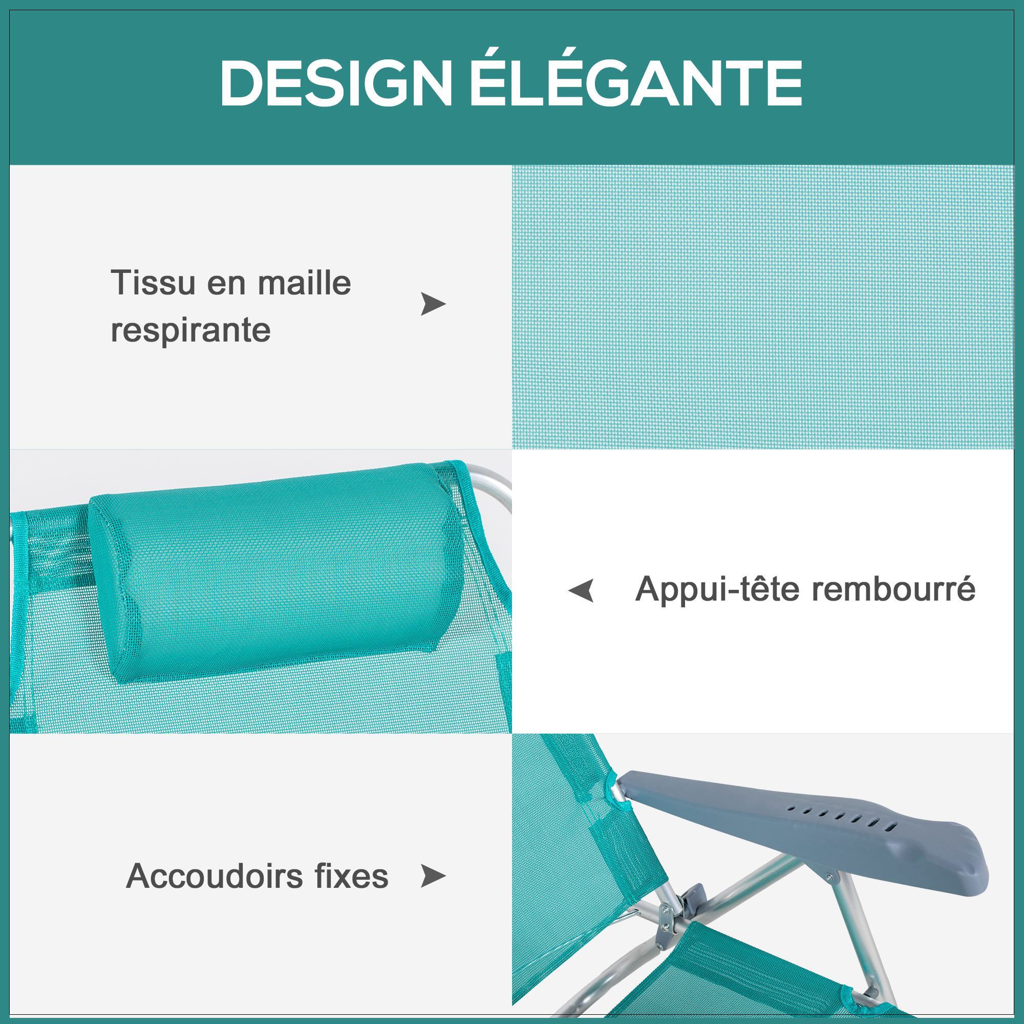 Lot de 2 chaises de jardin camping plage pliables tétière dossier inclinable 6 niv. alu. teslin gris