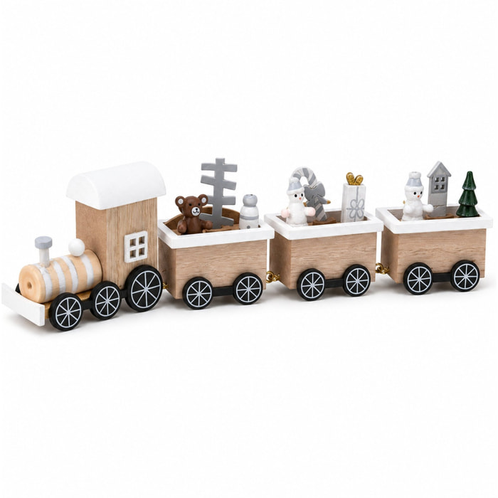 Tren navideño decorativo de madera, diseño natural con vagones y árboles, adorno para mesa, estantería o centro de navidad, 25x6,5x3 cm