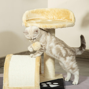 Arbre à chat griffoir grattoir design jeu boule suspendue + plateforme peluche sisal naturel beige