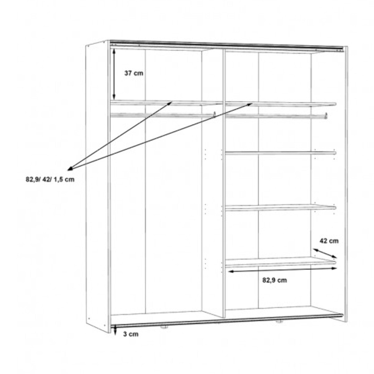 Dressing Armoire 2 portes coulissantes 5 tablettes et 1 miroir - 6 coloris - THAIS