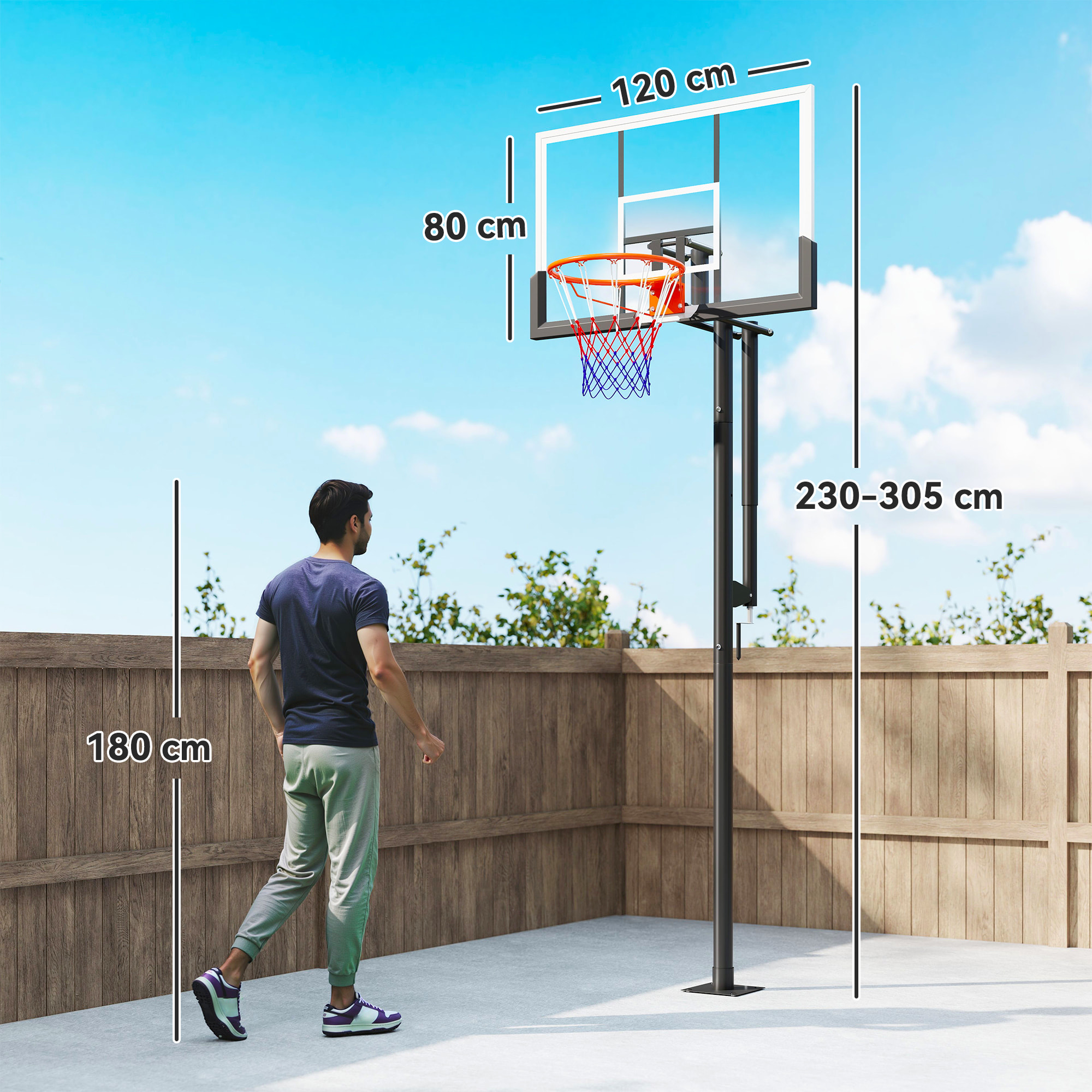 Canasta de Baloncesto para Exterior, Altura Ajustable 230-305 cm, Canasta de Baloncesto con Soporte, Tablero Irrompible 120 cm, Aro Ø48 cm y Base Estable, para Adolescentes y Adultos, Negro