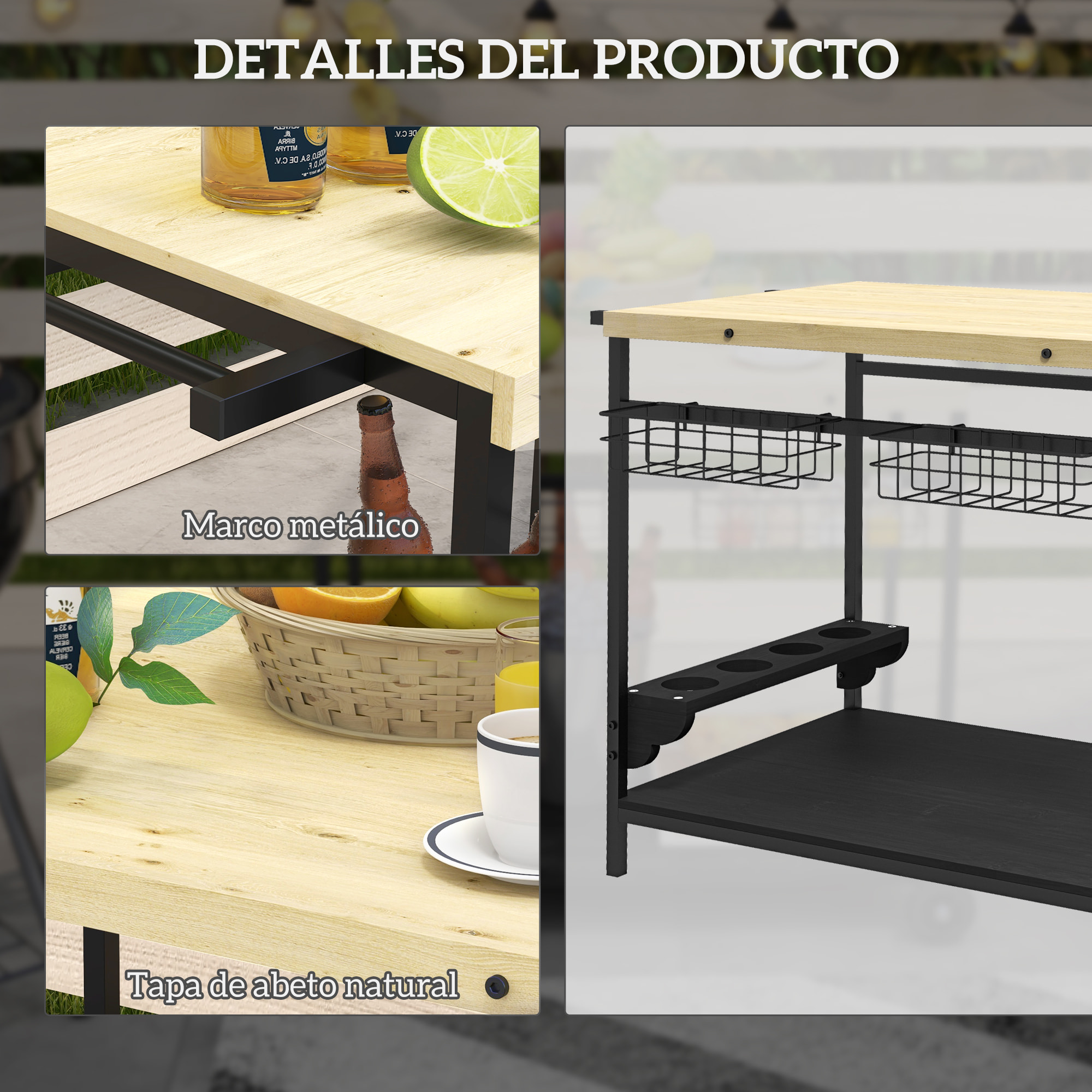 Camarera con Ruedas de Madera Carro de Servicio con 2 Estantes 2 Cestas Metálicas y Soportes para Botellas para Jardín Terraza Patio 97,5x65x81 cm Natural y Negro