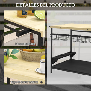 Camarera con Ruedas de Madera Carro de Servicio con 2 Estantes 2 Cestas Metálicas y Soportes para Botellas para Jardín Terraza Patio 97,5x65x81 cm Natural y Negro