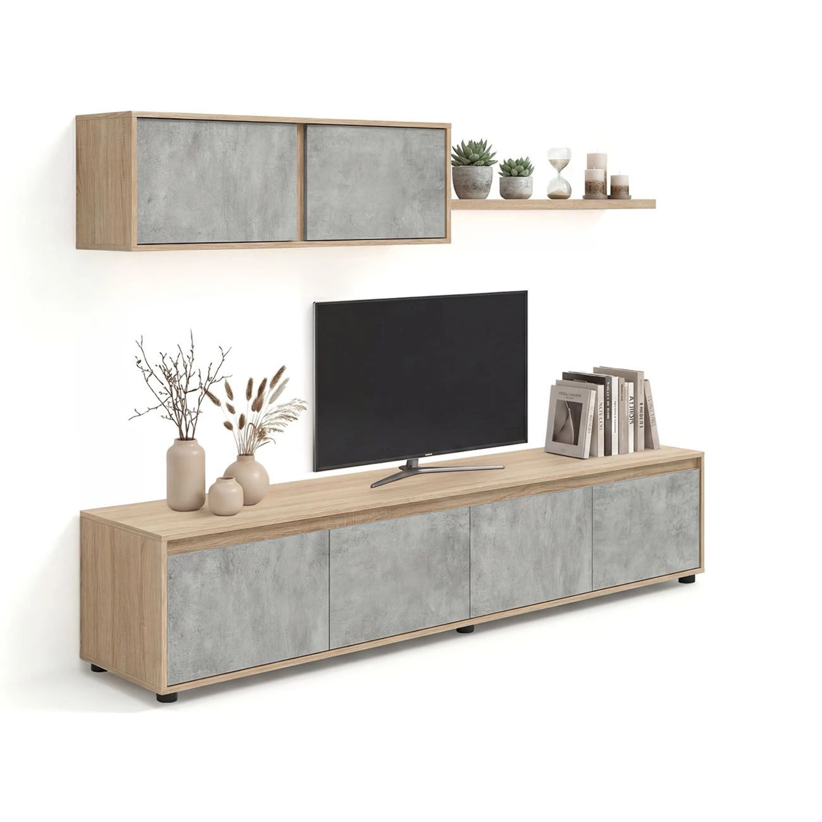 Salón con mueble de TV y estantería en roble canadian y gris cemento 200 cm Arlet Roble Canadian - Gris Cemento